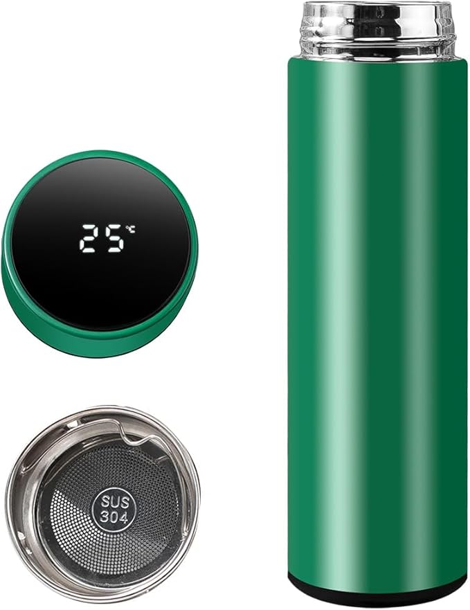 Smart Water Bottle Stainless Steel Vacuum Flask,Travel Mug with Smart LCD Touch Screen, Keep Hot Or Cold, Car Portable Travel Tea Coffee Vacuum Thermo Cup,Insulated Water Bottle (Green)