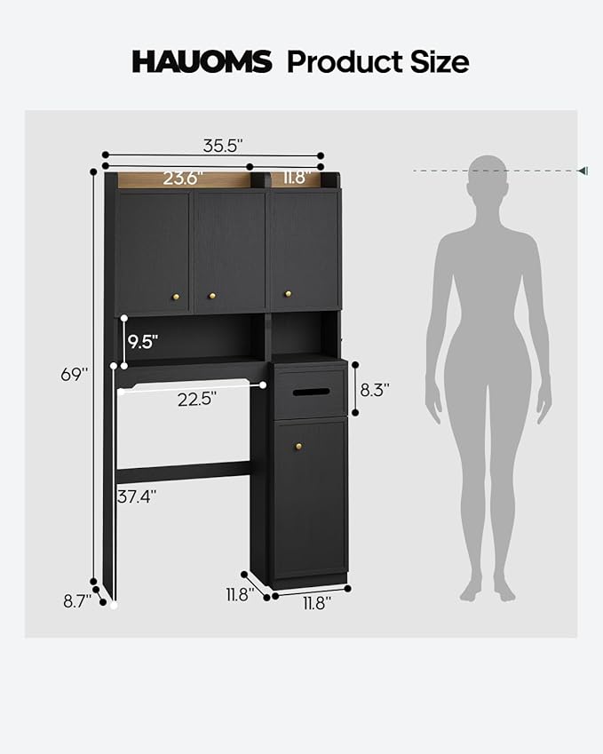 7-Tier Over Toilet Storage Cabinet with Doors, 2-in-1, Separatable Tall Narrow Cabinet, Bathroom Storage Cabinet, Adjustable Shelf, Big/Small Room, Laundry Room, Tissue Holder, Anti-Tip, Black