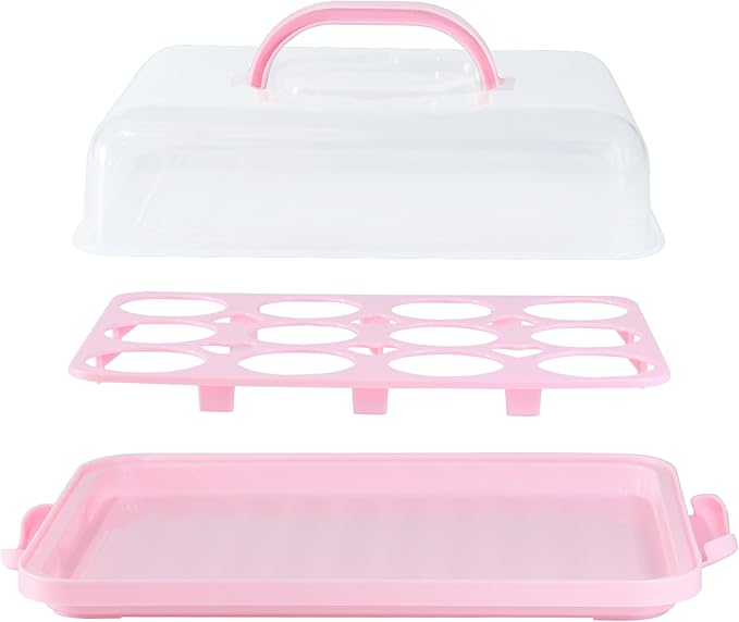Cake Carrier with Lid, Cake Holder Cupcake Container for 12 Cupcakes 2 in 1 Portable Dessert Container for Pie Muffin Cobbler (Pink)