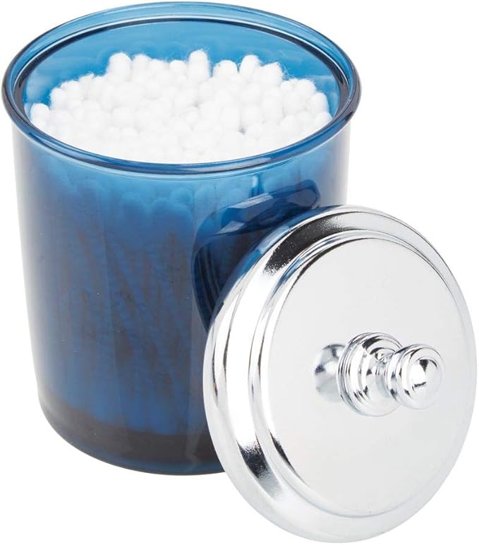 mDesign Bathroom Vanity Storage Organizer Apothecary Canister Jar for Cotton Balls, Swabs, Makeup Sponges, Bath Salts, Hair Ties, Jewelry - Dark Blue/Chrome Lid