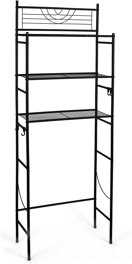 3-Tier Bathroom Over The Toilet Storage Rack Free Standing Metal Frame Shelf Organizer, with 4-Hooks, Black
