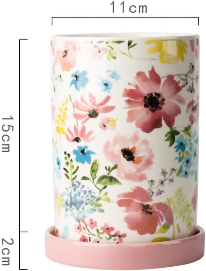 WAIT FLY Flower Porcelain Kitchen Utensil Holder with Bottom Flatware Storage Organizer Utensil Crock for Countertop Kitchen Counter Decor-Pink