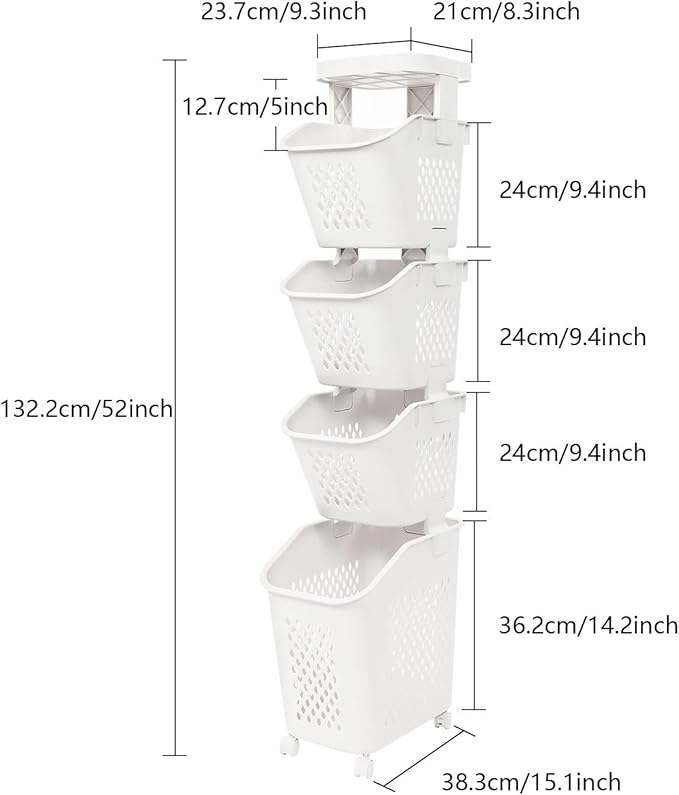 4-Tier Laundry Hamper Sorter with Wheels, Vertical Rolling Laundry Baskets Removable and Stackable, Space-Saving Cart Organizer for Dorm, Closet and Bathroom (4-Tier)