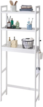 VEVOR Over The Toilet Storage, 3-Tier Adjustable Over Toilet Bathroom Organizer, Bamboo Storage Shelf Rack with 3 Hooks, Freestanding Easy Assembly Laundry Space Saver, Fit Most Toilets
