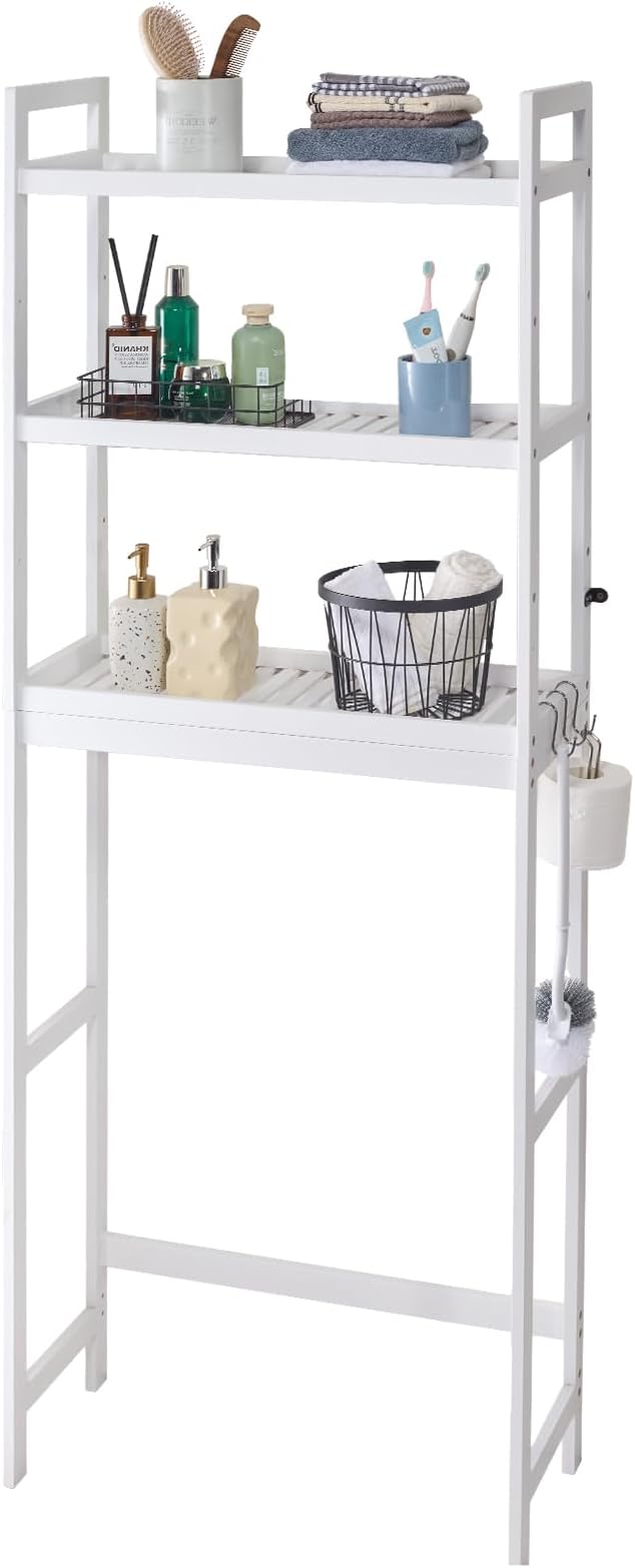 VEVOR Over The Toilet Storage, 3-Tier Adjustable Over Toilet Bathroom Organizer, Bamboo Storage Shelf Rack with 3 Hooks, Freestanding Easy Assembly Laundry Space Saver, Fit Most Toilets