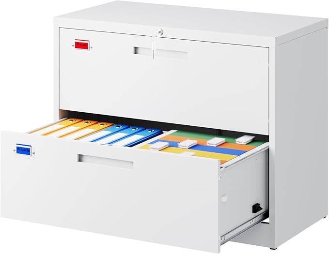 2 Drawer File Cabinet, Lateral Filing Cabinets for Home Office, Office Storage Drawers with Lock, Hanging Files Legal/Letter A4 Size (Assemble Required,White)