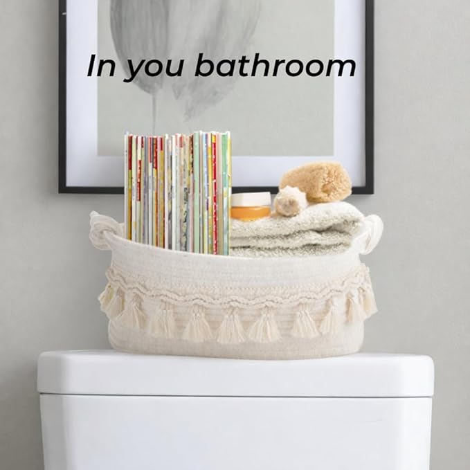 CSC - Toilet Paper Basket, Bathroom organizer, woven rope basket, Tank Top Small Baskets, tank topper, White