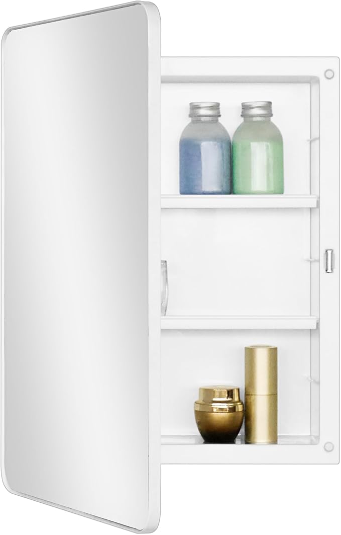 Fundin White Plastic Medicine Cabinet, Mirror Door with Round Corner Metal Frame, Recessed and Surface Mount Bathroom Wall Medicine Cabinet, 16 x 22 inch Mirror Size