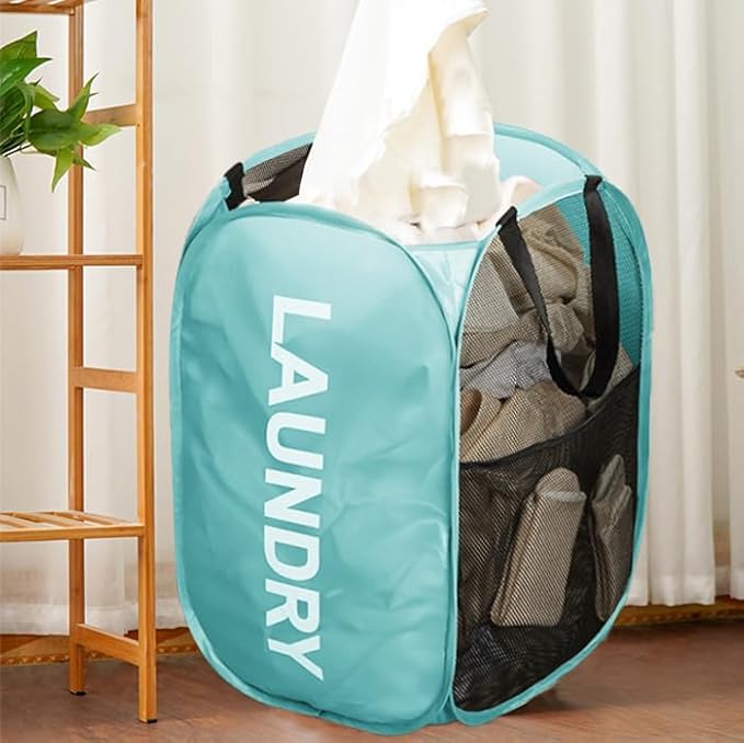 Mesh Pop Up Laundry Hampers, Collapsible Laundry Baskets Portable Clothes Hampers for Home, Dorm Room, Laundry Room, Cruise (Black + Blue)