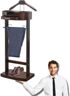 Suit Stands Butler Clothing Racks Wood Suit Valet Stand Clothes Rack with Base Floor Standing Suit Hanger Rack with Drawer, Top Tray,for Office Living Room Bed Room ﻿43X33.5X107CM(Brown)