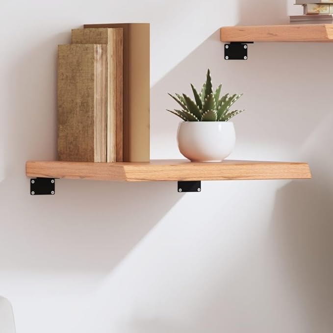 Solid Oak Wall Shelf, 15.7 inch Floating Square Shelves with Live Edge, Rustic Wood Display Shelf for Bathroom, Living Room, Kitchen Wall Decor
