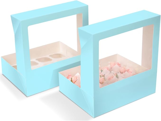 Bakepacker 12 Cupcake Containers 10-Packs Light Blue Cupcake Box Cupcakes Carrier, 12 Cupcake Boxes with Window 13"x10"x3.5"（Auto-pop up）