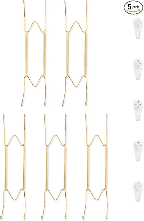 5 Pack Plate Hangers for The Wall, Suitable for 12-16 inch Art Plate, Stainless Steel Invisible Heavy Duty Wire Plate Holder with Wall Hooks, Plate Hangers for Displaying Plates, Platter, Dish, Gold