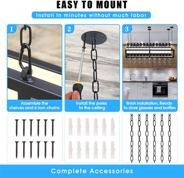Ceiling Wine Glass Rack - Hanging Wine Rack with Glass Holder and Shelf, Height Adjustable Industrial Hanging Wine Bottle Holder, Black Metal Ceiling Shelf for Bar Cafe Kitchen (71×9.8×8.6in)