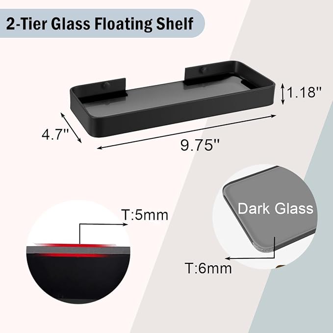 Z metnal Small Glass Bathroom Shelves, Matte Black Floating Shelf, Mini Wall Shelf Organizer, Wall Mounted (Dark Glass, 10 inch/25cm)