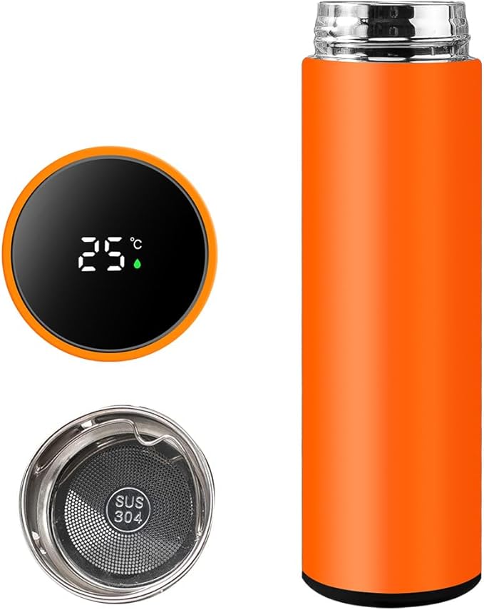 Smart Water Bottle Stainless Steel Vacuum Flask,Travel Mug with Smart LCD Touch Screen, Keep Hot Or Cold, Car Portable Travel Tea Coffee Vacuum Thermo Cup,Insulated Water Bottle (Orange)