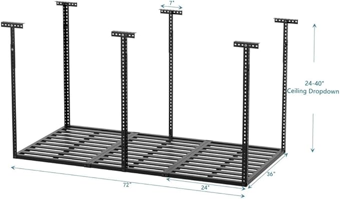 3x6 ft Heavy Duty Adjustable Ceiling Mounted Storage Rack, Overhead Garage Storage Rack 750lbs Capacity Alloy Steel, Customizable Height, Easy Access for Organize Tools, Gear, Containers Black