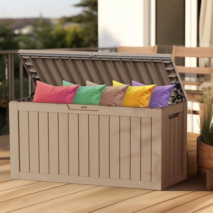 85 Gallon Outdoor Waterproof Resin Storage Deck Box Lockable Outside Bench UV Resistant Bin Patio Porch Furniture Pool Float Garden Tool Cushion Grey