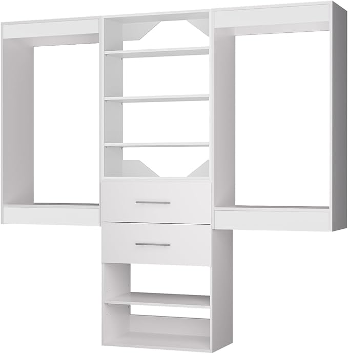 ROOMTEC Modular Closet System, 78" Wall Mounted Closet Organizer with Hanging Rods and Drawers, Wooden Tower for Walk-In Closets, Wardrobe Storage Kit, White