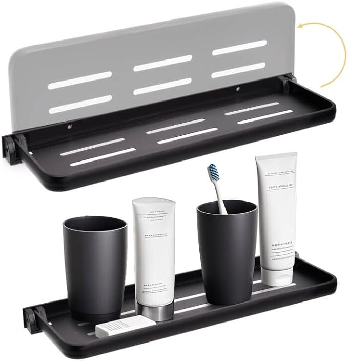 DEAYOU 2 Pack Folding Wall Shelf for Bathroom, 90° Fold Up Floating Shelf, Wall Mounted Drop Down Metal Shelves for RV, Campers, Laundry Room, Toilet Room, Kitchen, Waterproof, Space Saving, Black