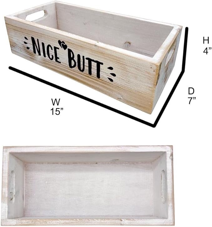 Admired By Nature Distressed Decorative Home Décor Nesting Organizer Wooden Rectangle Gift Wood Crates, Rustic White Storage Container for Bathrooms 'Nice Butt Hello Sweet Cheeks' Phrase