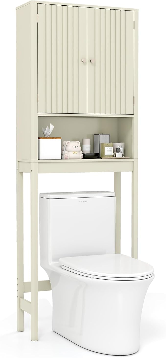 Giantex Over The Toilet Storage Cabinet, Bathroom Organizer w/Fluted Doors, Adjustable Shelf&Bottom Bar, Open Storage Cube, Space-Saving Above Toilet Storage Cabinet for Laundry (Cream White)