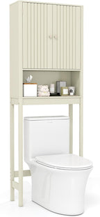 Giantex Over The Toilet Storage Cabinet, Bathroom Organizer w/Fluted Doors, Adjustable Shelf&Bottom Bar, Open Storage Cube, Space-Saving Above Toilet Storage Cabinet for Laundry (Cream White)