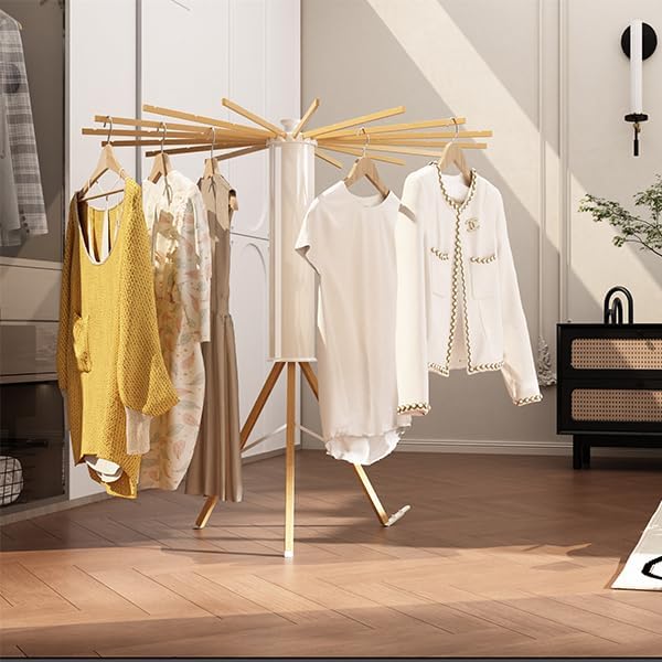 Dr.DJ Tripod Drying Rack, Foldable Octopus Standing Drying Rack Clothing with 16 Wood Drying Arms, Round Collapsible & Portable Handle for Laundry Room, Balcony, Bedroom, RV