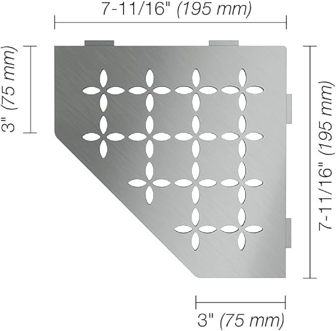 Schluter Pentagonal Corner Shelf for Tiled Walls - Floral Design, Stainless Steel Material, Brushed Stainless Steel Finish, 3/32" Thick Anchoring Tabs - SES2D5EB