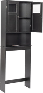 Over The Toilet Cabinet with Shelf and 2Doors, Bathroom Space Saver Organizer Above Toilet,Taller Wooden Free Standing Toilet Rack for Bathroom, Restroom, Laundry (Black)