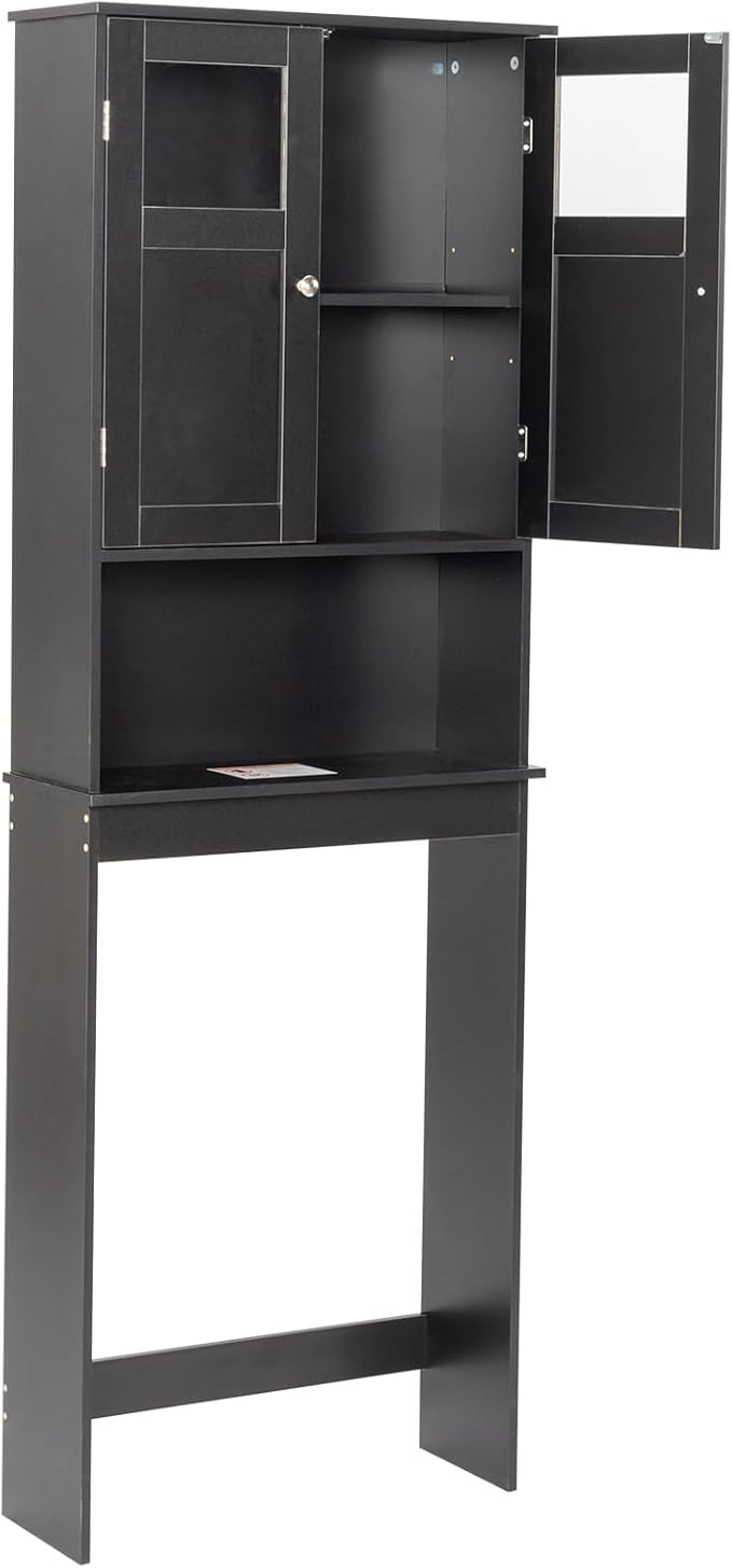 Over The Toilet Cabinet with Shelf and 2Doors, Bathroom Space Saver Organizer Above Toilet,Taller Wooden Free Standing Toilet Rack for Bathroom, Restroom, Laundry (Black)