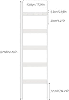Blanket Ladder, 5-Tier Towel Holder with 4 Removable Hooks, Farmhouse Wall Leaning Decorative Rack Shelf, Wooden Towel Display Rack, Quilt Ladder for Living Room, Bedroom, White