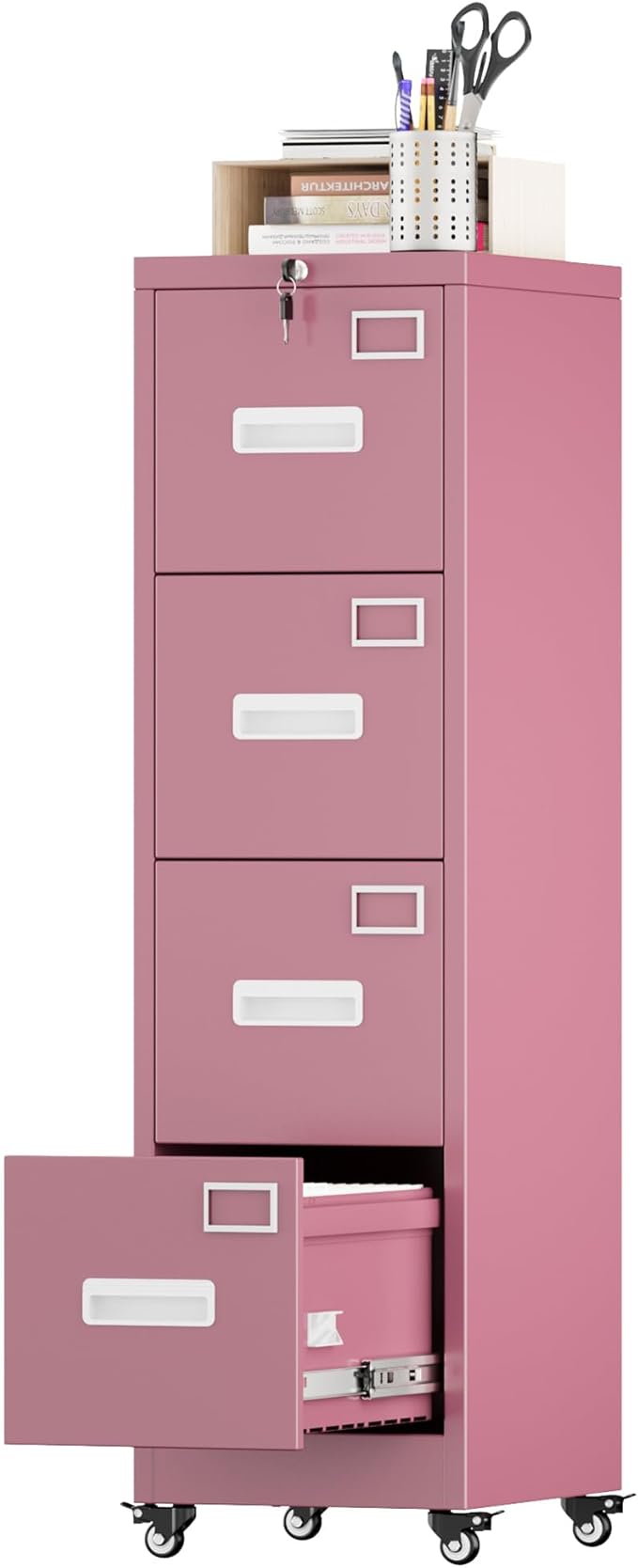 Aobabo 4 Drawer File Cabinet with Wheels, Lockable Office Metal Filing Cabinet with Name Card for Office and Home,Assembly Required,Pink