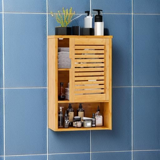 VIAGDO Bathroom Wall Cabinet, Wooden Medicine Cabinet with Single Door and Adjustable Inner Shelf, Bamboo Storage Cabinet Wall Mounted, Over The Toilet Hanging Cupboard, 15.7’’Lx7.8’’Wx23.6’’H