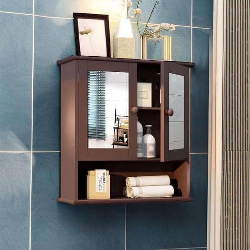 TaoHFE Brown Medicine Cabinet with Mirror - 2 Doors, 3 Open Shelves, Wall Mounted Wooden Storage Cabinet for Bathroom, Laundry Room, Kitchen