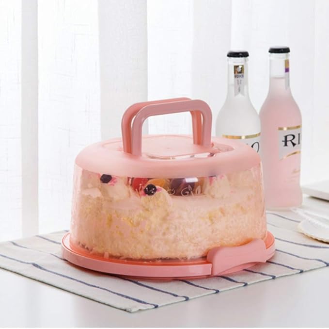 FEOOWV Plastic Small Cake Carrier Holder Cover Round Container with Collapsible Handles Suitable for 7 inch Diameter and 2.5 inch Height Cake (Pink)