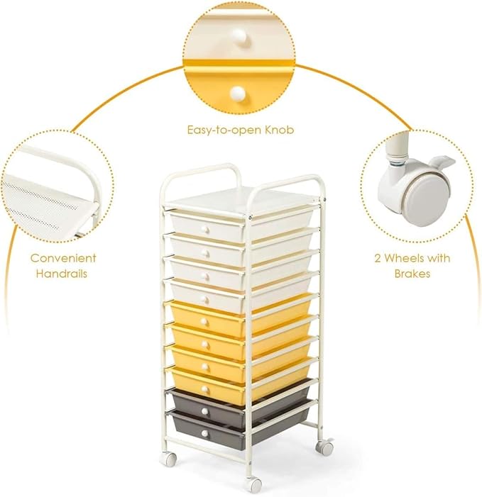 GOFLAME 10-Drawer Rolling Storage Drawer Cart, Utility Cart with Removable Drawers & Metal Frame, Mobile Art Craft Drawer Cart with Lockable Wheels for Home, Office, Studio, School, Yellow