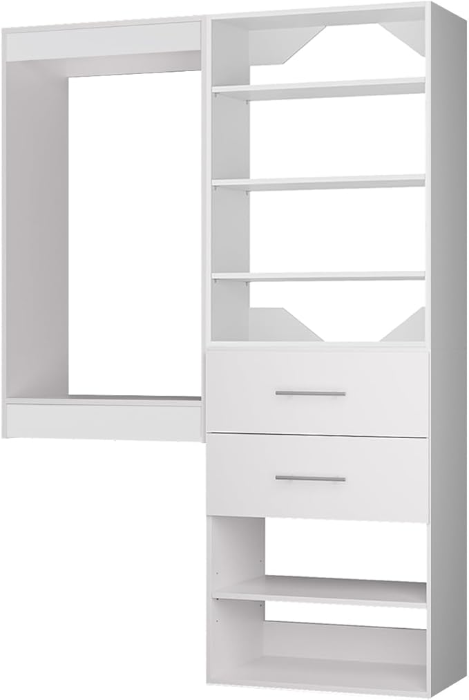 ROOMTEC Modular Closet System, 58" Wall Mounted Closet Organizer with Hanging Rods and Drawers, Wooden Tower for Walk-In Closets, Wardrobe Storage Kit, White