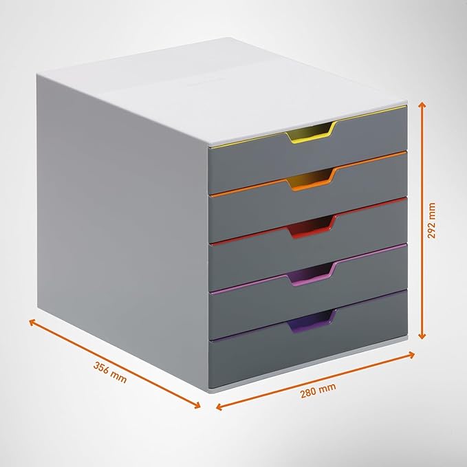 Durable Varicolor 5 Drawer Unit - Gray Desktop Drawer Set with 5 Color Coded Draws - Perfect for Storing Documents and Paper Work