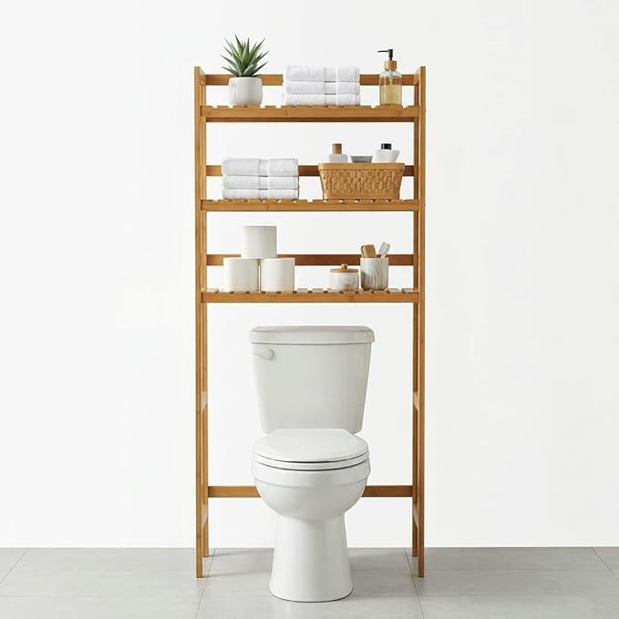 Over the Toilet Storage, 3-Tier Bamboo Bathroom Organizer with Adjustable Shelf, Space-Saving Rack, 66.9" Tall (Natural Color)