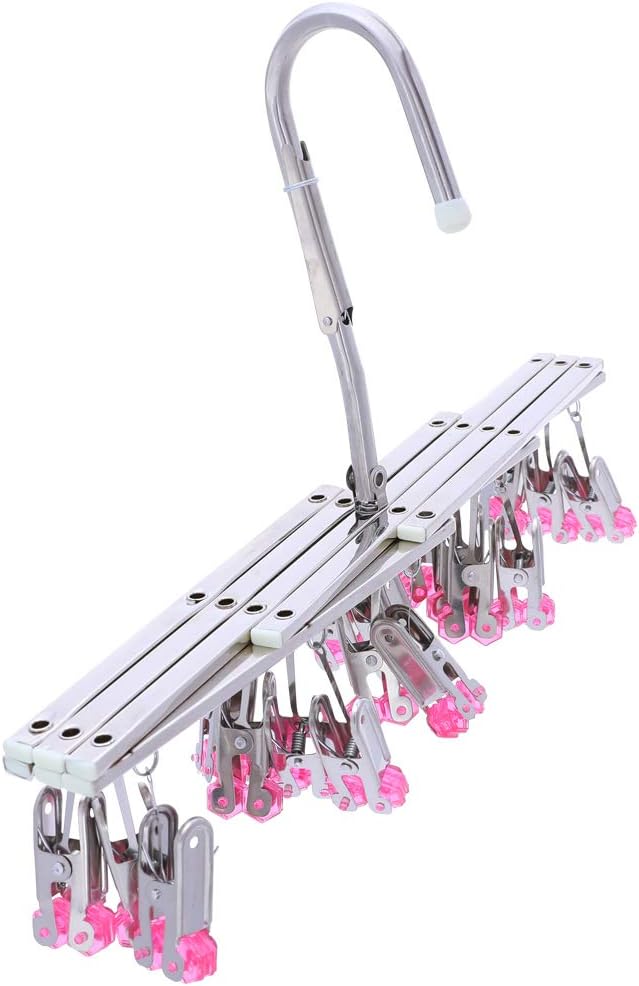 Drying Hanger, Hanging Drying Rack, Drip Hanger Stainless Steel with 18 Pegs for Laundry Underwear Socks, Quickly Remove Clothes from Hanger, Windproof, Folding Portable, (Red)