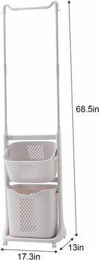 2-Tier Laundry Hamper Sorter with Hanging Bar, Rolling Laundry Baskets with Wheels Removable, Stackable Laundry Cart Organizer and Storage for Small Space Dorm Closet Bathroom