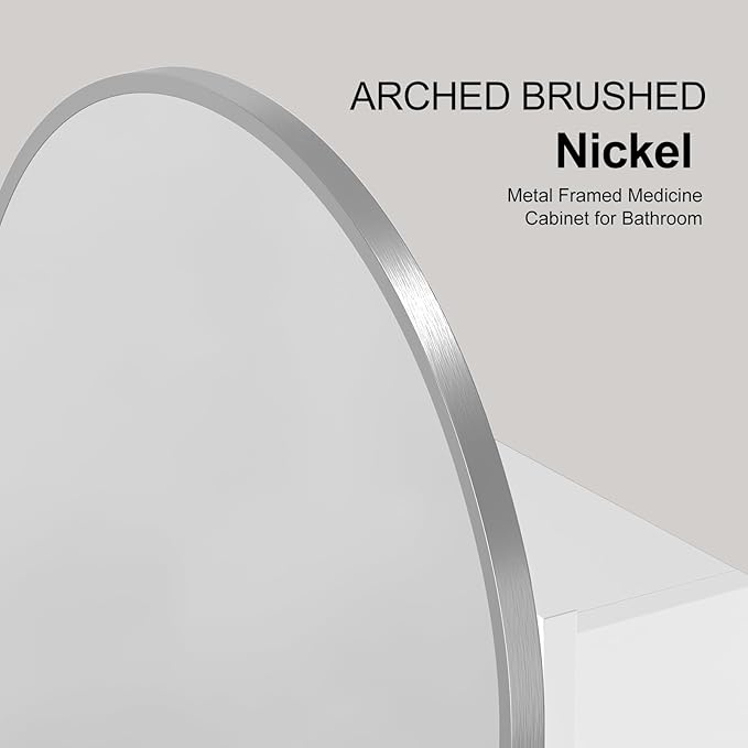 Recessed Medicine Cabinet for Bathroom,Brushed Nickel Arched Medicine Cabinet with Mirror,Arch Mirrored Medicine Cabinets Recessed,Bathroom Mirror with Storage,Open from Left to Right 16x26