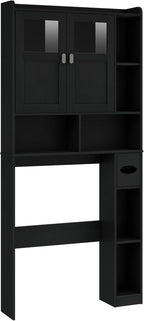 Vabches Over The Toilet Storage Cabinet, Bathroom Shelf Over Toilet with Glass Doors and Adjustable Shelves, Black Freestanding Home Space Save Toilet Rack, for Restroom, Bathroom, Laundry