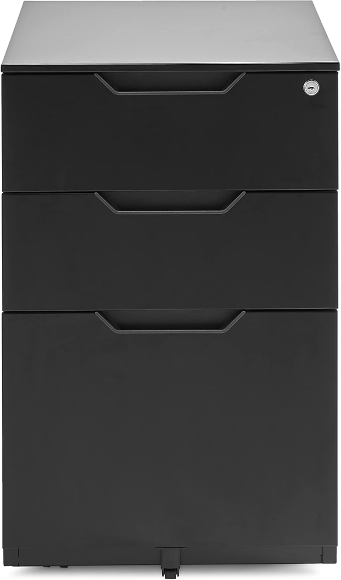 Amazon Basics 3-Drawer Mobile File Cabinet with Lock, Rolling Filing Cabinet for Hanging Files, Black, 20.71" D x 15.51" W x 24.29" H | With Lock, 3 Drawer
