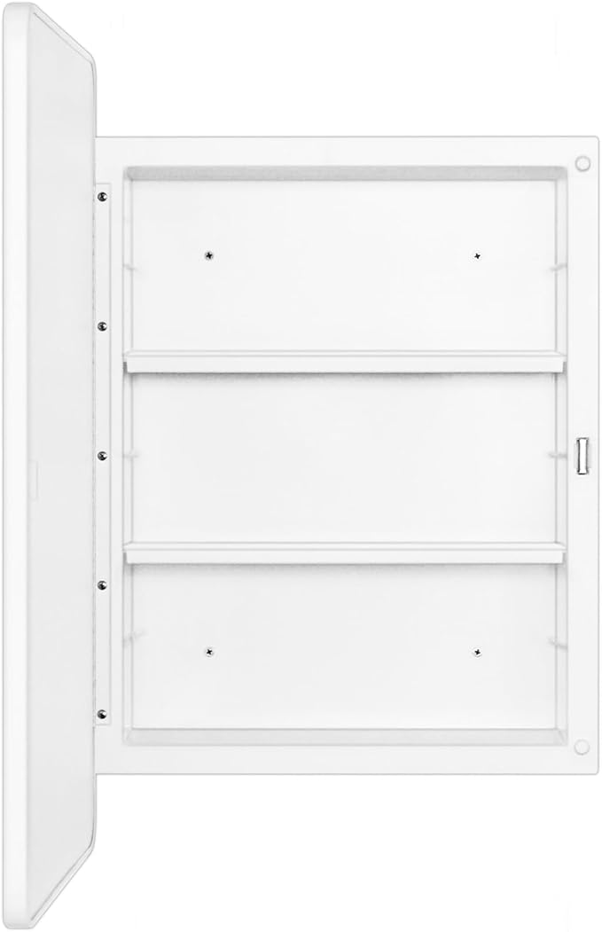 Fundin White Plastic Medicine Cabinet, Mirror Door with Round Corner Metal Frame, Recessed and Surface Mount Bathroom Wall Medicine Cabinet, 16 x 24 inch Mirror Size