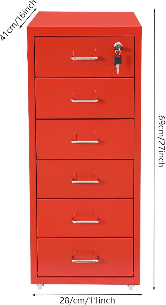 6 Drawer File Cabinet, Metal Vertical Office Filing Cabinets with Lock, Home Office Narrow Storage Cabinet for A4/F4/Letter/Legal (Red)