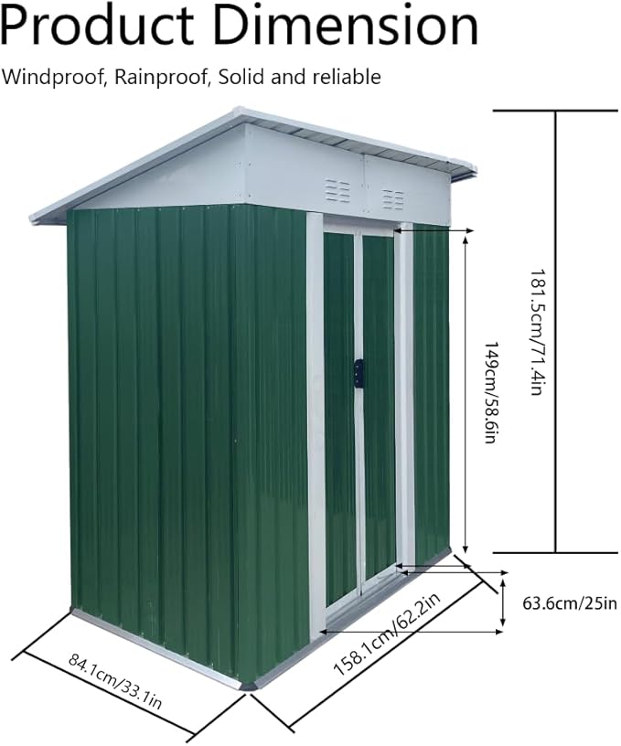 Heavy-Duty Outdoor Garden Shed with Aluminum Alloy Frame, Hinged Door, and Stable Foundation for Secure Storage (5x3 FT Green Pent Roof)
