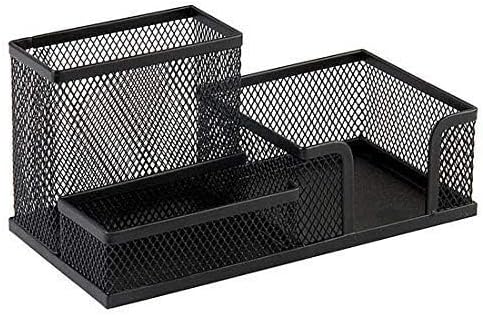 Corner Cabin Mesh Desk Office Organizer for Paper Clip, Mesh Desk Organizer, 3 in 1 Metal Pen Holder Office Supplies Caddy for Paper Clip, Sticky Note, Pen(3 Compartments, Black)
