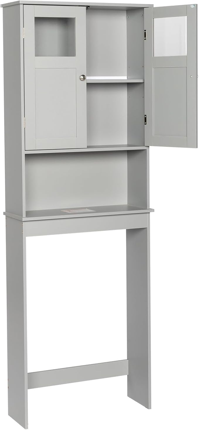 Over The Toilet Cabinet with Shelf and 2Doors, Bathroom Space Saver Organizer Above Toilet,Taller Wooden Free Standing Toilet Rack for Bathroom, Restroom, Laundry (Gray)